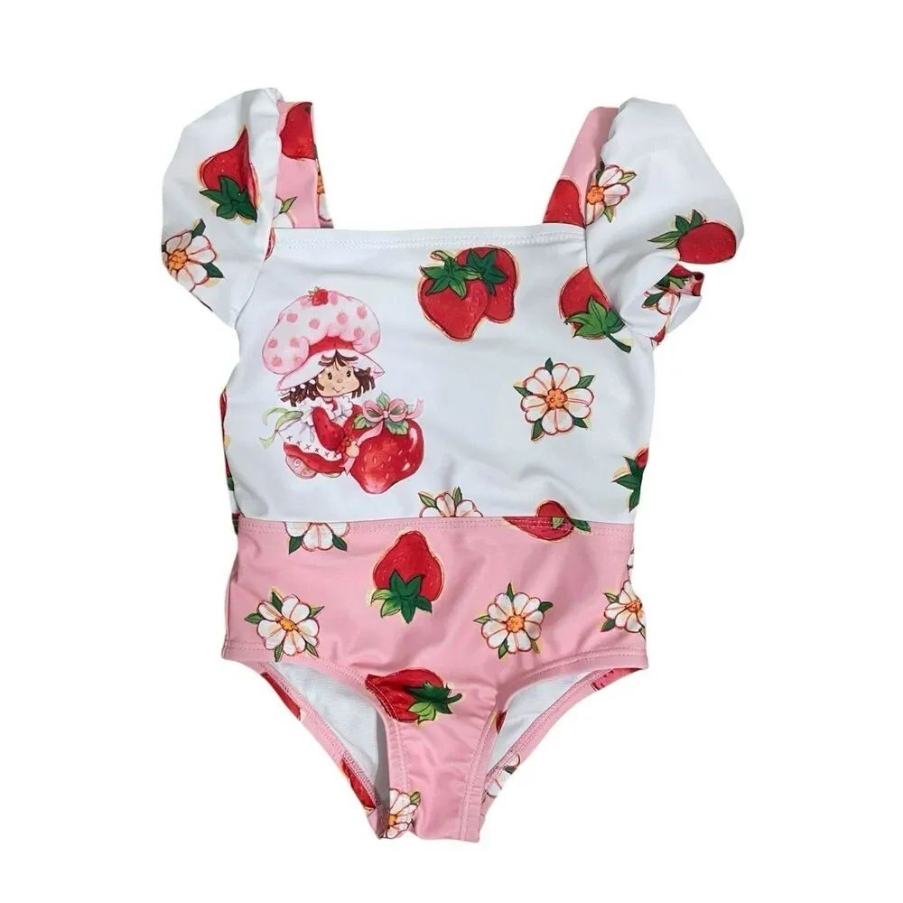 Strawberry Shortcake Baby Girls One Piece Swimsuit Puff Sleeve Pink White 12M